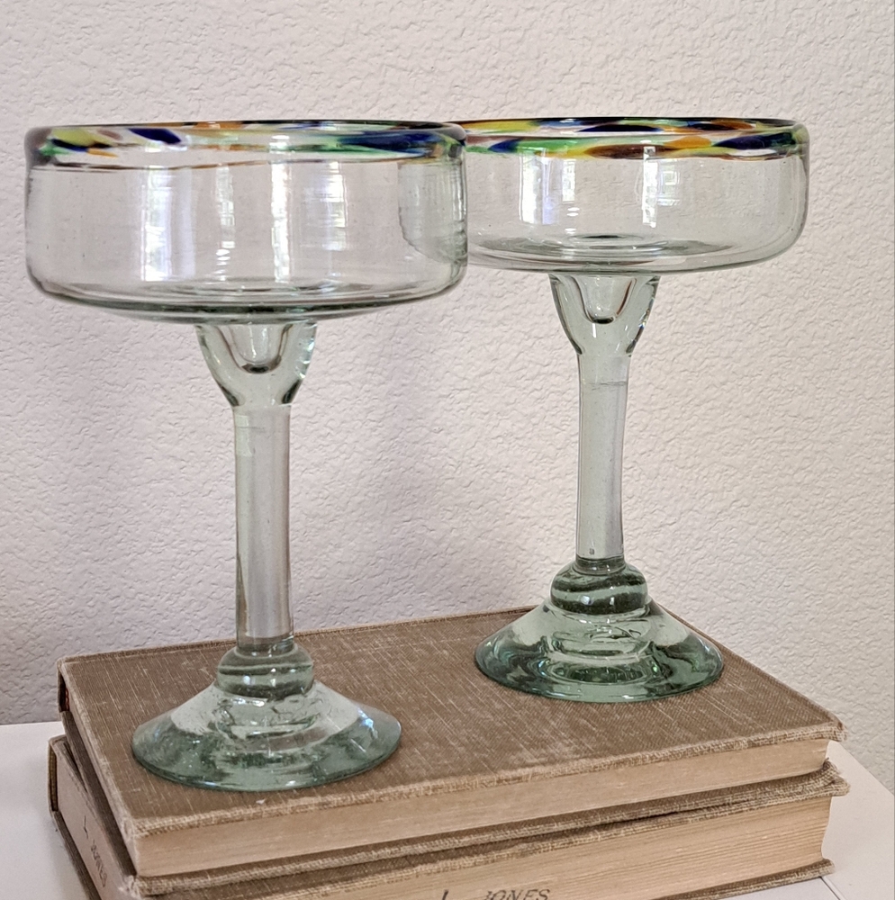 Hand Blown Margarita Glasses Confetti Rim Set of 2